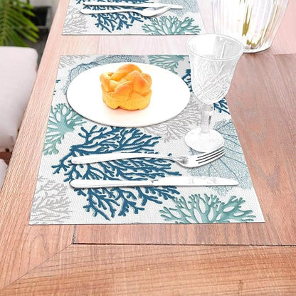 Placemats Set of 4 Nautical Blue Coral Place Mats Coastal Teal Beige Coral Woven Table Mats Washable Ocean Theme PVC Placemat for Dining Kitchen Decor Indoor Outdoor, 12 x 18 Inch