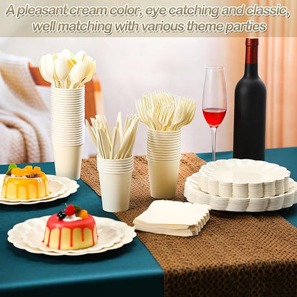 350 Pcs Cream White Scalloped Paper Plates Shell Edge Disposable Tableware Cocktail Napkins Cups Plastic Spoons Forks Knives for Wedding Baby Shower Picnic Birthday Party Supply for 50 Guests
