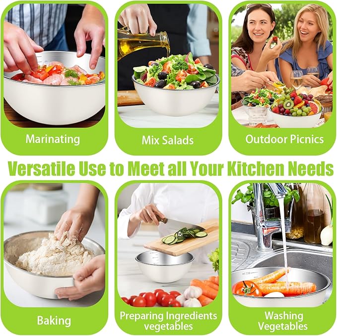 12 Pcs 0.74qt Stainless Steel Mixing Bowls Nesting Metal Prep Salad Bowls with Scale Reusable Baking Cooking Food Soup Storage Organizers for Kitchen Refrigerator
