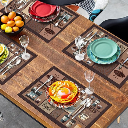 Coffee Theme Placemats Set of 4 Farmhouse Style Brown Linen Fabric Table Mat 12x18 Inch Washable Heat Resistant Non-Slip Place Mats for Home Party Kitchen Dining Decor