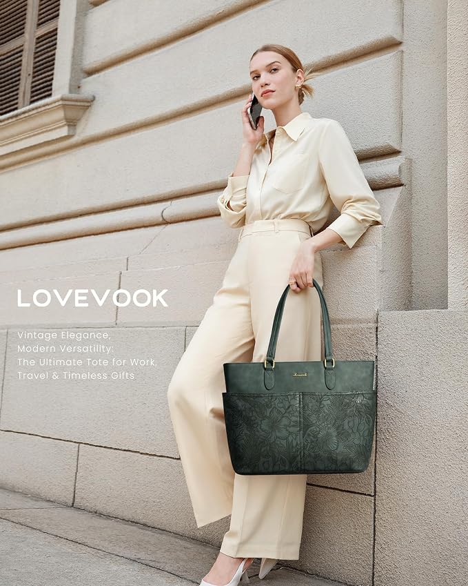 LOVEVOOK Work Tote Bags for Women, Embossed Retro Leather 17.3 Inch Laptop Bag - Image 2