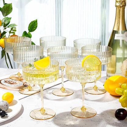 48 Pcs Ribbed Martini Glasses 10 oz Disposable Plastic Vintage Ribbed Coupe Glasses Unbreakable Dessert Parfait Glassware for Wedding Birthday Party Supplies (Gold)