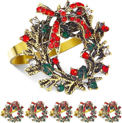 ZeeDix Christmas Wreath Napkin Rings Set of 6, Holiday Christmas Napkin Ring Holders for Cloth Napkins, Xmas Napkin Rings for Thanksgiving Holiday Dinner Party Table Setting