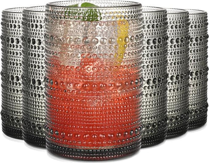 Gray Hobnail Drinking Glasses Set of 6, 15 oz Vintage Highball Glasses by JPPSUJJ