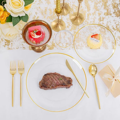 EI 180pcs Gold Plastic Plates,Clear Plates with Gold Trim,Plastic Plate for Party,Clear Dinnerware Set Silverware Cups for Baby Shower,Wedding,Spring Afternoon Tea