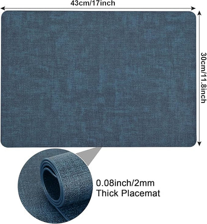 Faux Leather Placemats Set of 6, Heat Resistant Wipeable Washable Vinyl Place Mats, Waterproof Anti-Slip Dining Table Mats, Suitable for Indoor & Outdoor Use (Navy Blue)