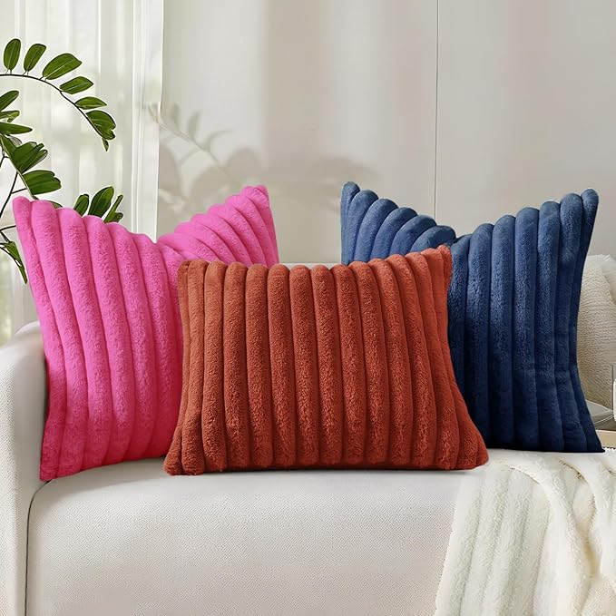 decorUhome Cozy Faux Fur Spring Throw Pillow Covers 16x16 Set of 2 Decorative Soft Plush Striped Modern Farmhouse Boho Couch Pillow Cases with Velvet Back for Sofa Bed Living Room, Hot Pink