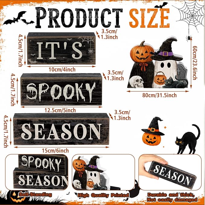 Moucuny 4 Pcs Halloween Table Decoration Pumpkin Ghost Wooden Stacked Block - Image 3
