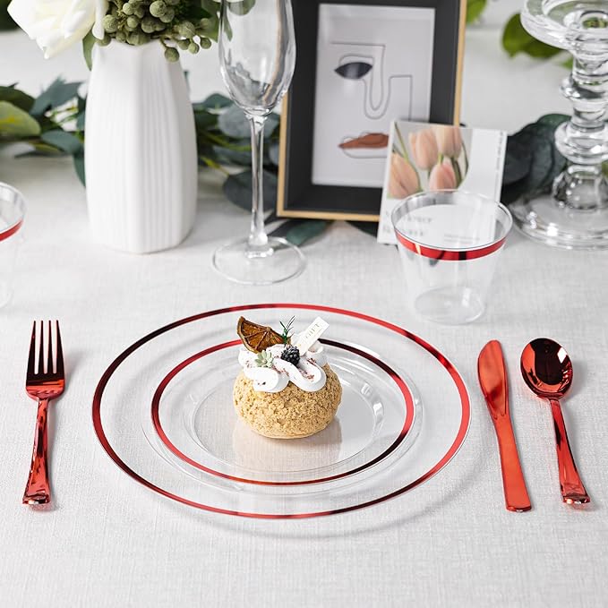 N9R 600PCS Clear and Red Disposable Plates, Heavy Duty Plastic Dinnerware Set for 100 Guests Includes 100 Dinner & Dessert Plates, Cups, Spoons, Forks, and Knives, Perfect for Parties, Weddings