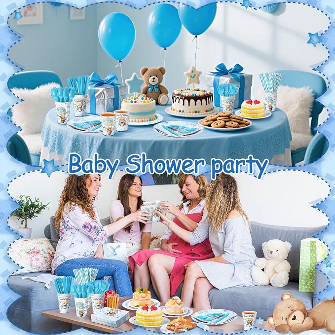 450 Pcs Blue Bear Baby Shower Tableware Set Decorations, Serves 50 | We Can - Image 5