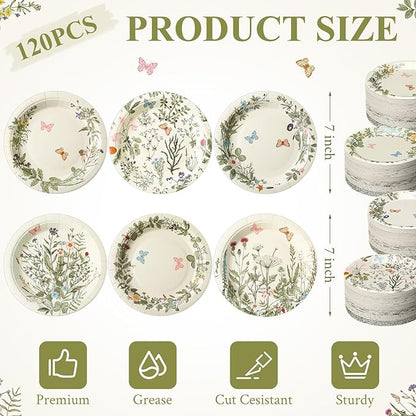 Umigy 120 Pcs Summer Wild Floral Paper Plates 7 Inch Party Plates, Flower and Butterfly Dinner Tableware Watercolor Flower Tea Party Dessert Tableware for Birthday Wedding Baby Shower Bridal Shower