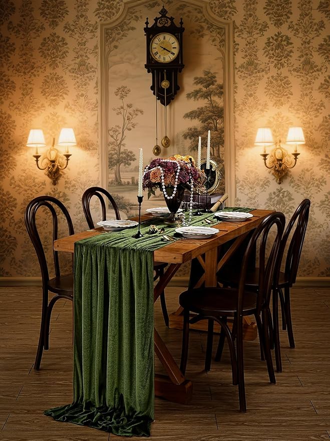 Olive Green Velvet Table Runner 29x120 Inch 10ft Long Soft Velvet Fabric | 5 - Image 3