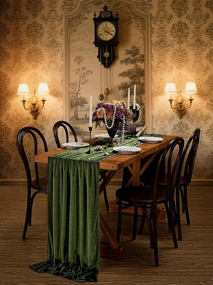 Olive Green Velvet Table Runner 29x120 Inch 10ft Long Soft Velvet Fabric | 5 - Image 3