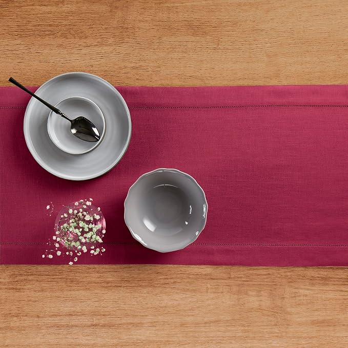 Solino Home 100% Pure Linen Dining Table Runner Beet Hemstitch, 14 x 144 in | - Image 3