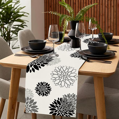 Black Gray Table Runner Dahlia Pinnata Flower Beige Table Runners Modern - Image 2