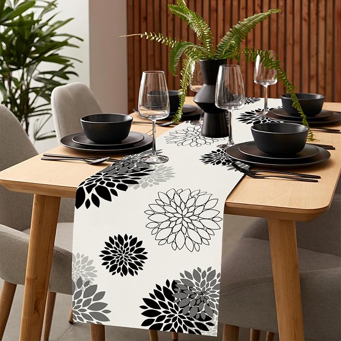 Black Gray Table Runner Dahlia Pinnata Flower Beige Table Runners Modern - Image 2