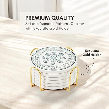 Ceramic Absorbent Mandala Coasters Set of 6 with Holder, Marble Drink Coasters for Coffee Table, Water-Absorbing Stone Coasters (Zen)