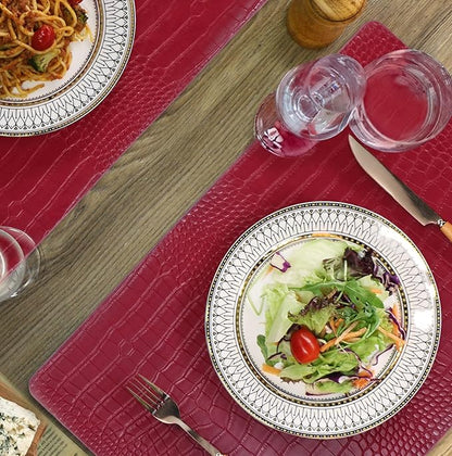 Jovono Faux Leather Placemats Set of 8, Waterproof Heat Resistant Dinner Place Mats for Dining Table, Non-Slip Crocodile Embossed, Red (17.8x11.8 Inch)