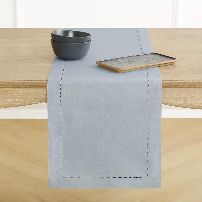 Solino Home 100% Pure Linen Table Runner Dusty Blue Hemstitch, 14 x 120 in | by SolinoHome