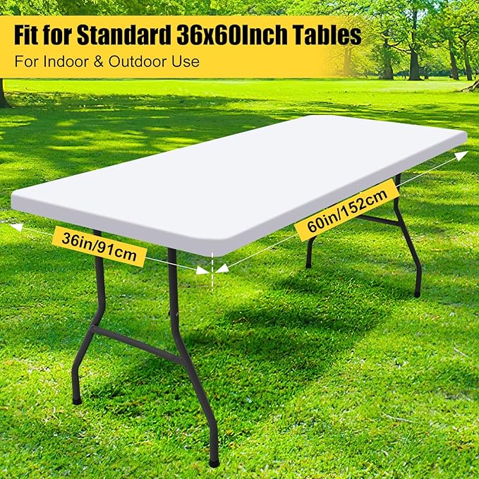 Smiry Rectangle Picnic Table Cloth, Waterproof Elastic Fitted Tablecloths for 5 Foot Tables, Washable Polyester Table Cover for Camping, Indoor and Outdoor (White, 36"x60")