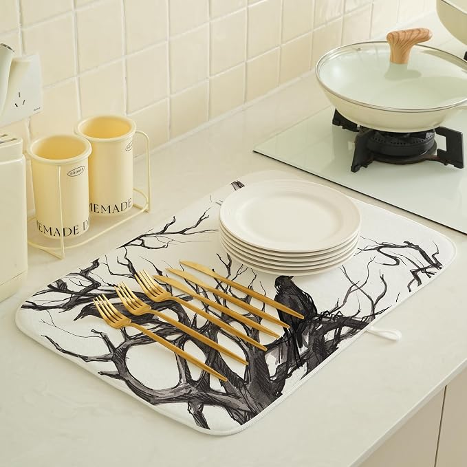 Halloween Dish Drying Mat for Kitchen Counter 18x24 Inch Black Tree Crows Dish - Image 2