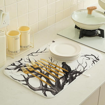 Halloween Dish Drying Mat for Kitchen Counter 18x24 Inch Black Tree Crows Dish - Image 2