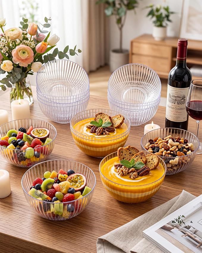 bUCLA 12 PCS Plastic Cereal Bowls Set - 28 Oz Clear Disposable Vertical Stripes - Image 5
