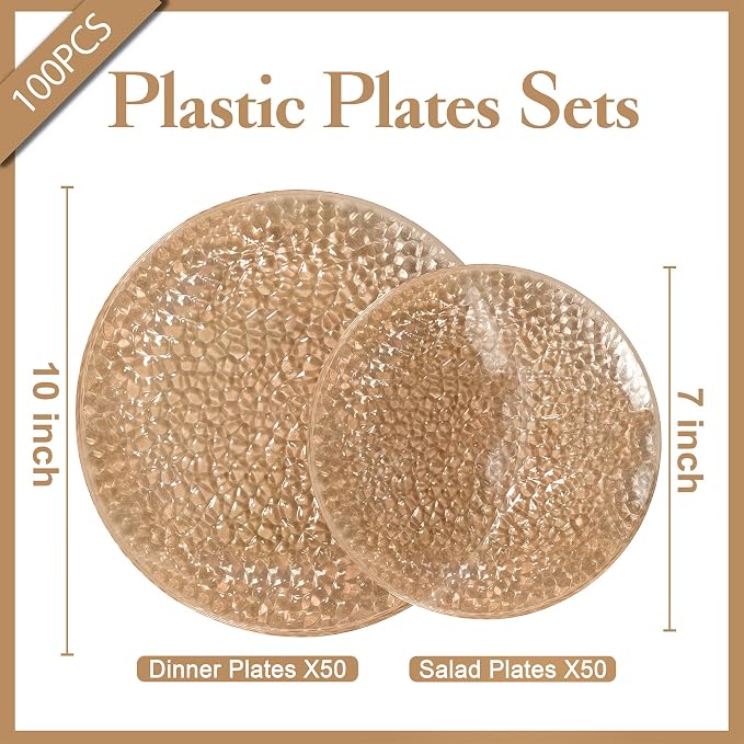 Rubtlamp 100Pcs Plastic Plates, Hammered Heavy Duty Plastic Platos, Fancy - Image 2