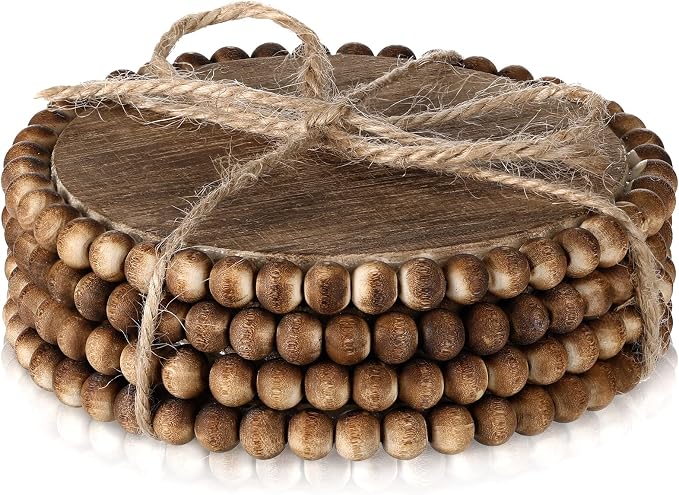 Honeydak 4 Pieces Wood Beaded Coasters 3.9 Inch Round Rustic Farmhouse Wooden by Honeydak