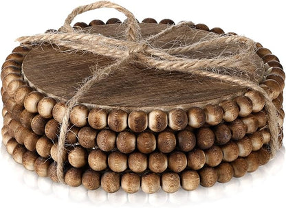 Honeydak 4 Pieces Wood Beaded Coasters 3.9 Inch Round Rustic Farmhouse Wooden by Honeydak