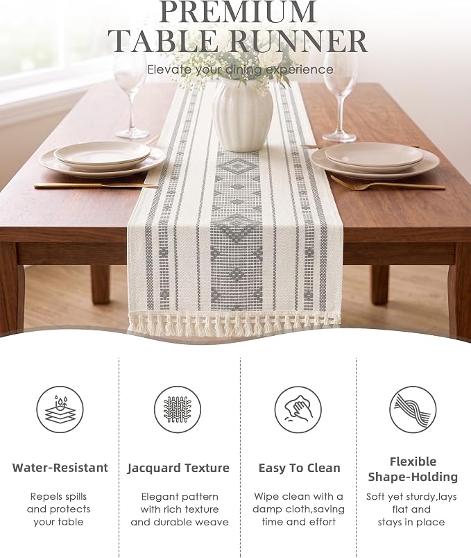 Table Runner, 13.8 x 72 Inch, Thick Jacquard Woven | Stain & Wrinkle Resistant - Image 2