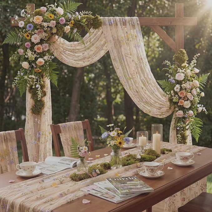 Champagne Floral Table Runner 10ft Embroidery Tulle Spring Wildflower Gauze - Image 5