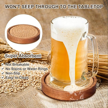 5 Pcs Best Absorbent Wooden Coasters Set - 4 Inches Brown Woven Coaster Modern Acacia Wood Coasters for Drinks, Coffee Table Decor, Farmhouse, Bar, Office, Beer, Kitchen, Dining Room, Outdoor, Desk