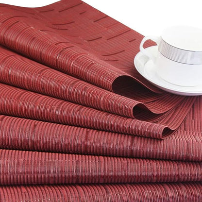 PIGCHCY Elegant Placemats with Matching Table Runner,Washable Durable Placemats Crosswoven Vinyl Table mats Sets(6pcs Placemats+1pcs Table Runner,Same Style,Burgundy Red)
