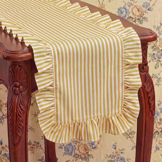 HunnmingRe Ruffle Trim Boho Table Runner Farmhouse Rustic Stripes Scalloped - Image 5