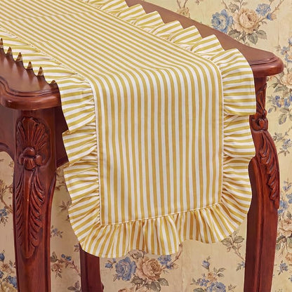 HunnmingRe Ruffle Trim Boho Table Runner Farmhouse Rustic Stripes Scalloped - Image 5