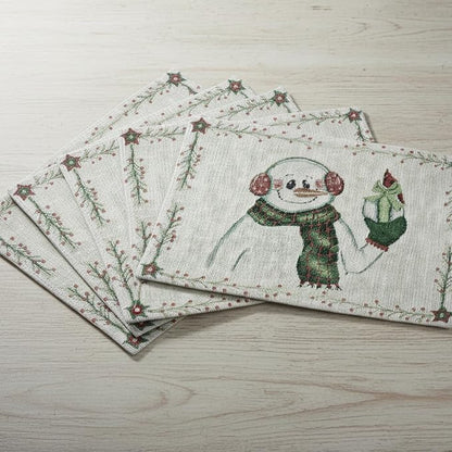 DaDa Bedding Magical Snowman Placemats - Set of 4 Festive Holiday White Tapestry - Cotton Linen Woven Dining Table Mats - 13” x 19” (9733)