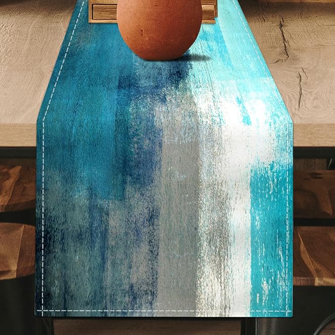 Teal Grey Table Runners Modern Art Farmhouse Linen Turquoise Table Runners - Image 2