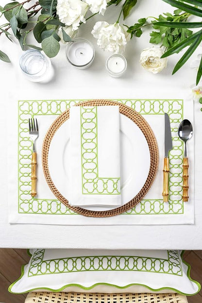 Hofdeco Premium Coastal Patio Indoor Outdoor Placemat Set of 4, 14"x19" Double-Layered, Waterproof Cloth Placemat for Kitchen or Dining Table. Green Embroidered Frame