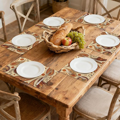 Placemats, Indian Vintage Paisley Pattern Brown Placemats 12x18 Inch Waterproof Non-Slip Washable Table Mats for Kitchen Dining Party Table Decor,Set of 6