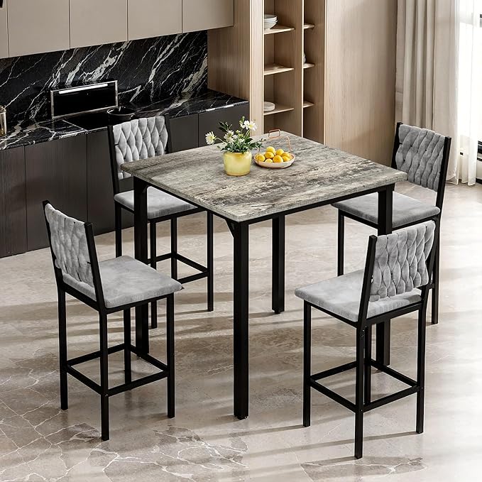 AWQM 5-Piece Dining Table Set, Dining Table Set for 4, Counter Height Table & 4 Velvet Bar Stools, Modern Kitchen Dining Set, Compact Dining Set for Small Spaces (Gray & Velvet Chairs)