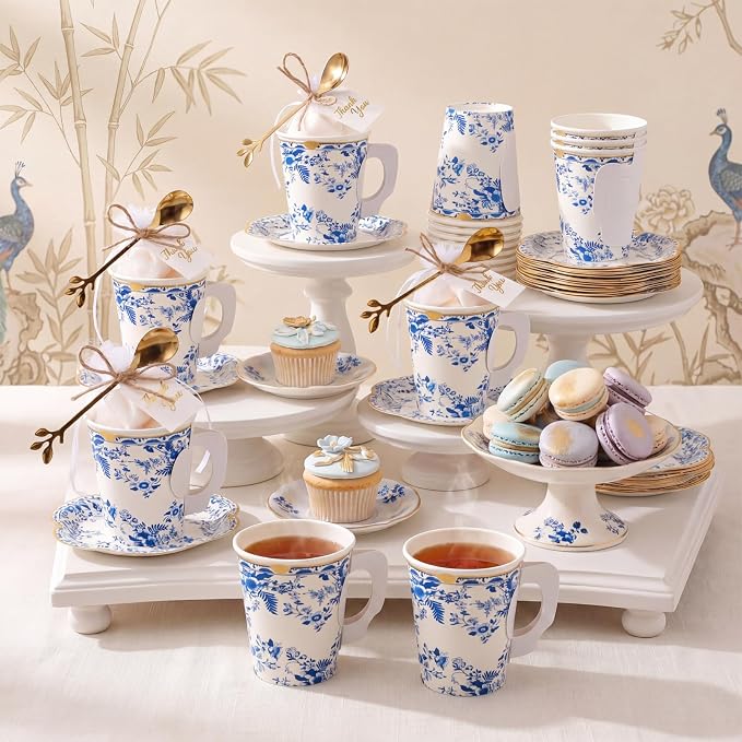 125 Pcs Blue Floral Tea Party Favors Set Blue and White Paper Teacups - Image 2