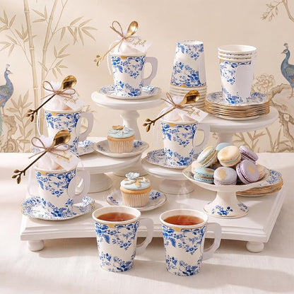 125 Pcs Blue Floral Tea Party Favors Set Blue and White Paper Teacups - Image 2