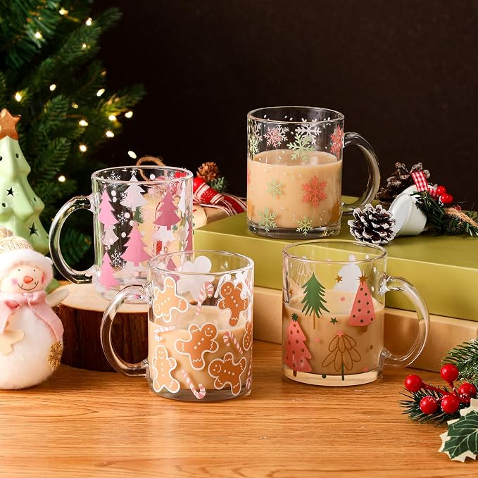 Tioncy 4 Pcs Christmas Coffee Mugs 12 oz Christmas Glass Cups - Image 2