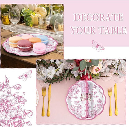Willinglong 120 Pcs Floral Scalloped Paper Plates and Napkins Set, 2-ply Napkins - Image 6