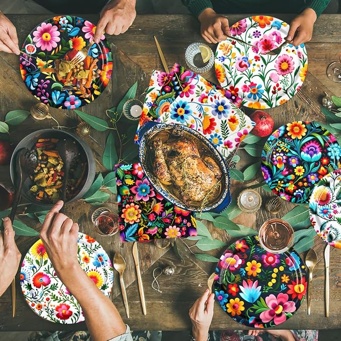 Cinco De Mayo Decorations-60Pcs Colorful Flower Fiesta Plates and Napkins - Image 5