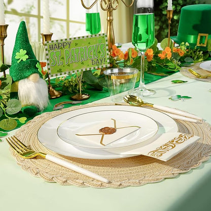 100 PCS Gold and White Plastic Plates, 10 inch White Disposable Plates for Party, Plastic Dinner Plates for Party, Graduation, Birthday, Wedding