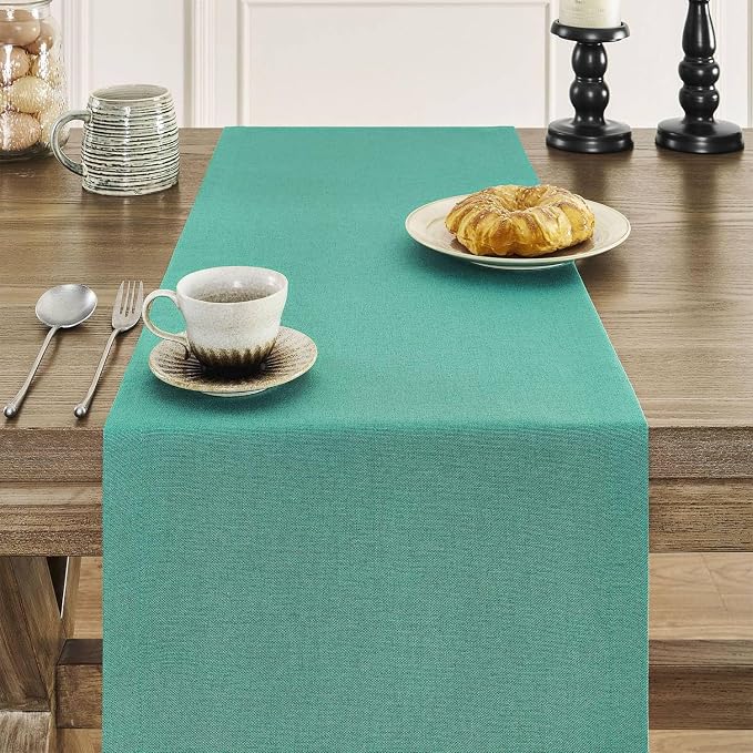 Basic Linen Style Table Runner, 14x60 Inch Teal | Mitered Corner Design - Image 5