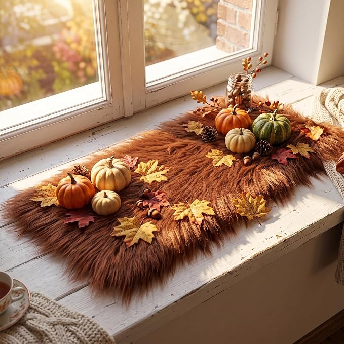 Irenare Fall Thanksgiving Table Runner Terracotta Decor Small Luxury Faux Fur - Image 5