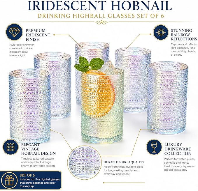 Hobnail Beaded Highball Drinking Tumbler Glasses | Set of 6 | Iridescent Pearl - Image 2